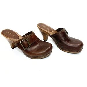 MIA Brown Leather Wooden Heel Mule Clogs Size 7